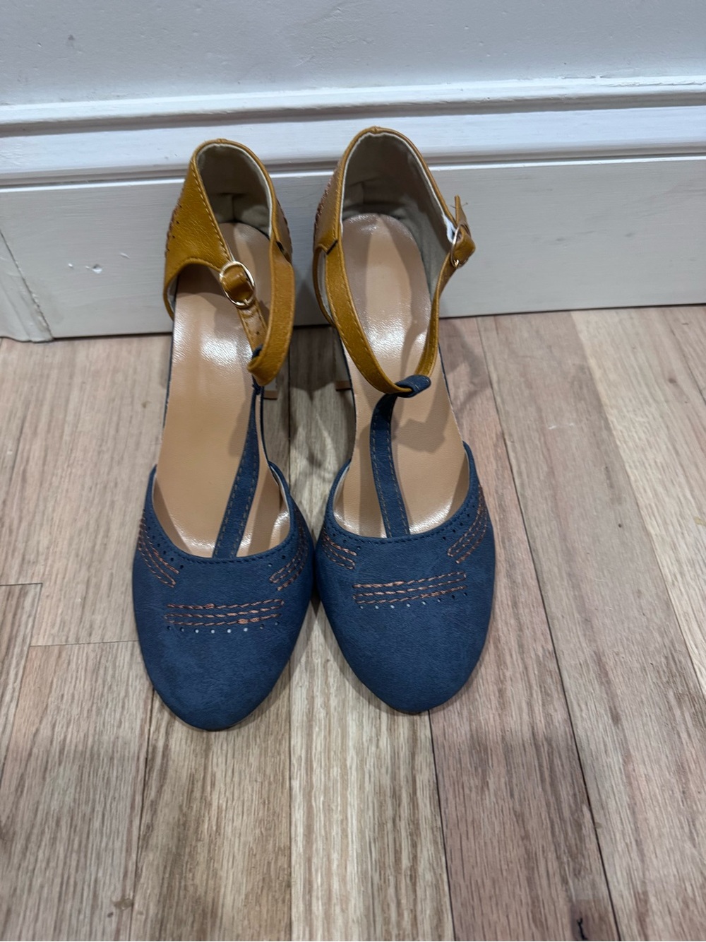 Women’s Navy and Mustard Two-Tone T-Strap Heels